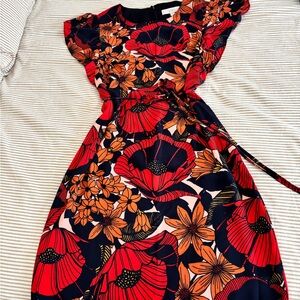 LOFT Red and Orange Floral Midi Dress